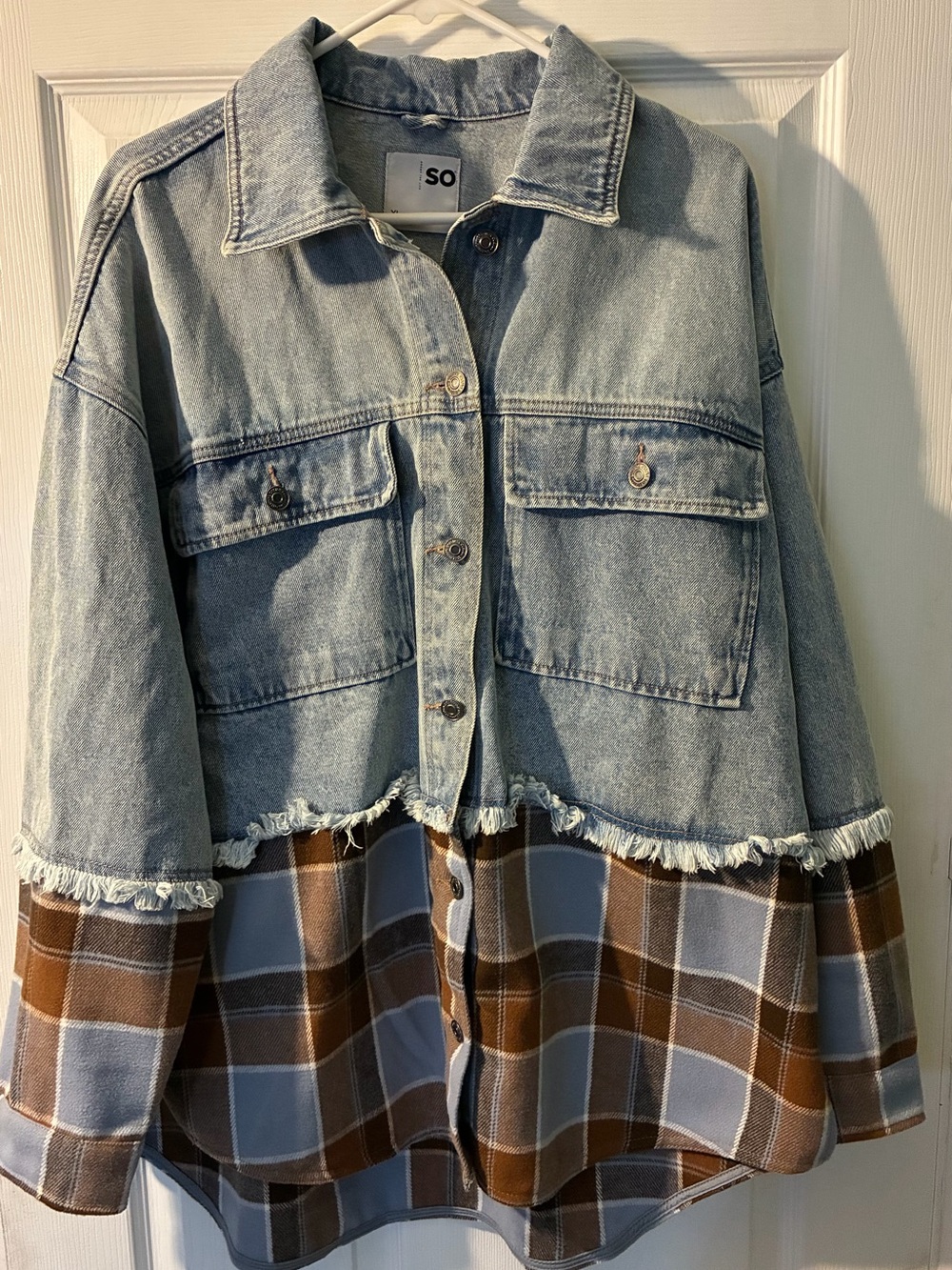 SO Goods For Life Denim Plaid Shacket Womens XL Frayed Raw Hem Mixed Media Jacke
